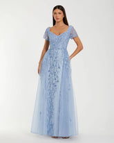 Blue Embroidered Beaded A-Line Gown with Overskirt
